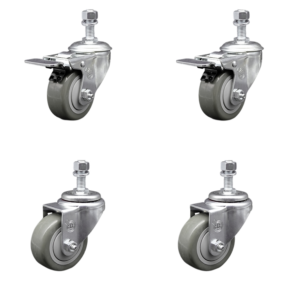Stainless Steel Polyurethane Swivel Threaded Stem Caster with 3.5 x 1.25 in. Gray Wheels & 0.5 in. Stems - Set of 4