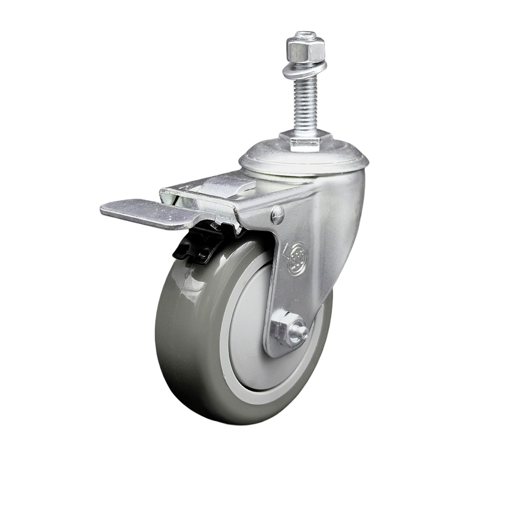 Stainless Steel Polyurethane Swivel Threaded Stem Caster with 4 x 1.25 in. Gray Wheel & 0.38 in. Stem & Total Locking Brake