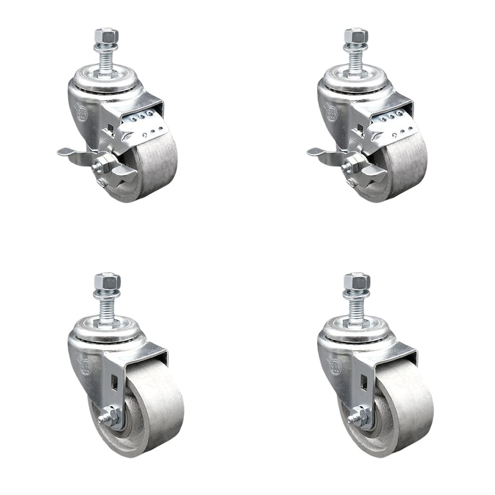 Semi Steel Cast Iron Swivel Threaded Stem Caster with Roller Bearing 3 x 1.5 in. Silver Wheels & 0.5 in. Stems - Set of 4