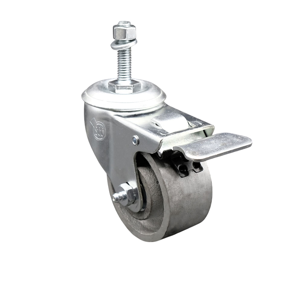 Semi Steel Cast Iron Swivel Threaded Stem Caster with Roller Bearing 3 x 1.5 in. Silver Wheel & 0.38 in. Stem & Total Locking Brake