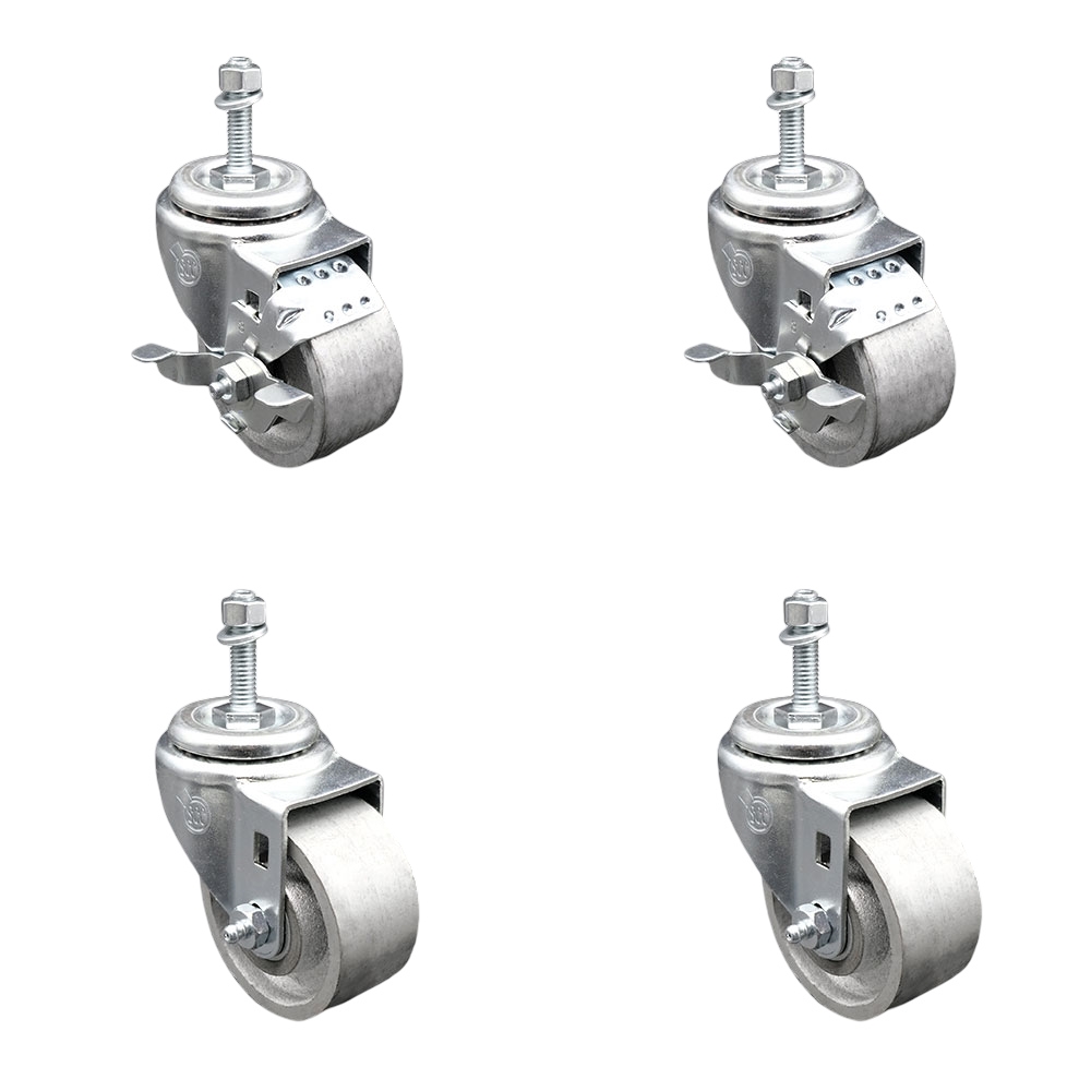 Semi Steel Cast Iron Swivel Threaded Stem Caster with Roller Bearing 3 x 1.5 in. Silver Wheels & 10 mm Stems - Set of 4