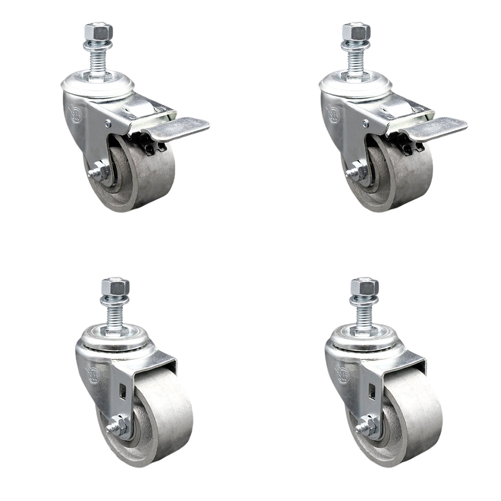 Semi Steel Cast Iron Swivel Threaded Stem Caster with Roller Bearing 3 x 1.5 in. Silver Wheels & 12 mm Stems - Set of 4