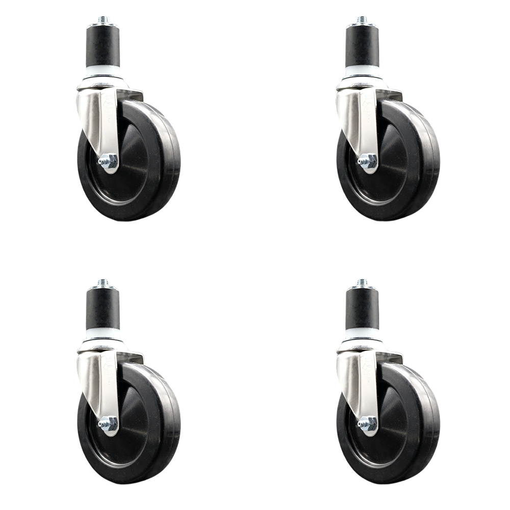 Hard Rubber Swivel Stem Caster with 5 in. Black Caster Wheels, 1.87 in. Expanding Stems - 316 Stainless Steel Casters - Set of 4