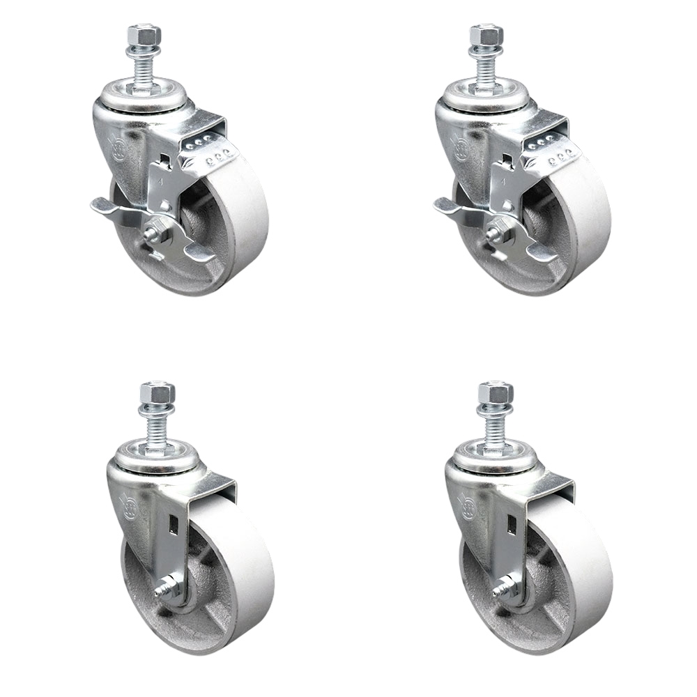 Semi Steel Cast Iron Swivel Threaded Stem Caster with Roller Bearing 4 x 1.5 in. Silver Wheels & 0.5 in. Stems - Set of 4