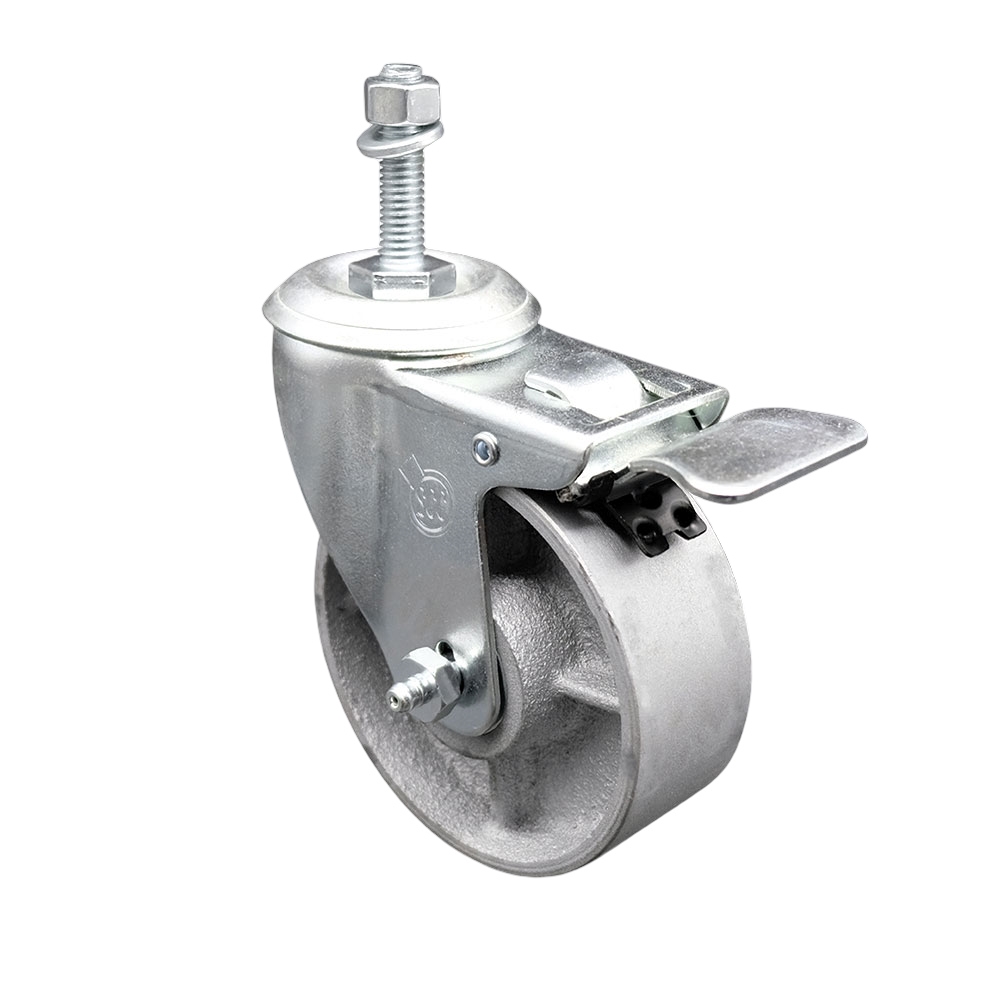 Semi Steel Cast Iron Swivel Threaded Stem Caster with Roller Bearing 4 x 1.5 in. Silver Wheel & 10 mm Stem & Total Locking Brake