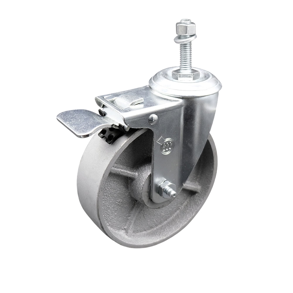 Semi Steel Cast Iron Swivel Threaded Stem Caster with Roller Bearing 5 x 1.5 in. Silver Wheel & 0.38 in. Stem & Total Locking Brake