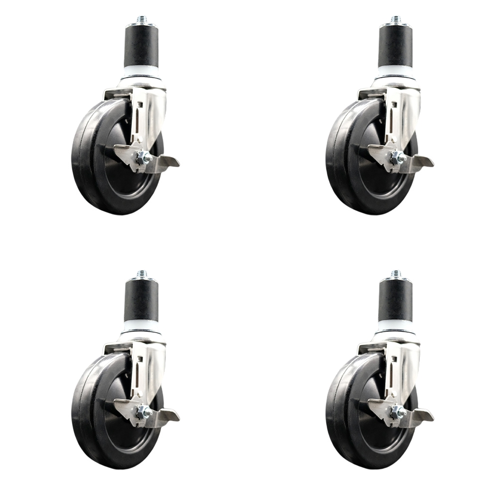 Hard Rubber Swivel Stem Caster with 5 in. Caster Wheels, 1.87 in. Expanding Stems - 316 Stainless Steel Casters - Set of 4
