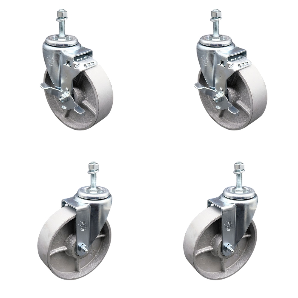 Semi Steel Cast Iron Swivel Threaded Stem Caster with Roller Bearing 5 x 1.5 in. Silver Wheels & 10 mm Stems - Set of 4
