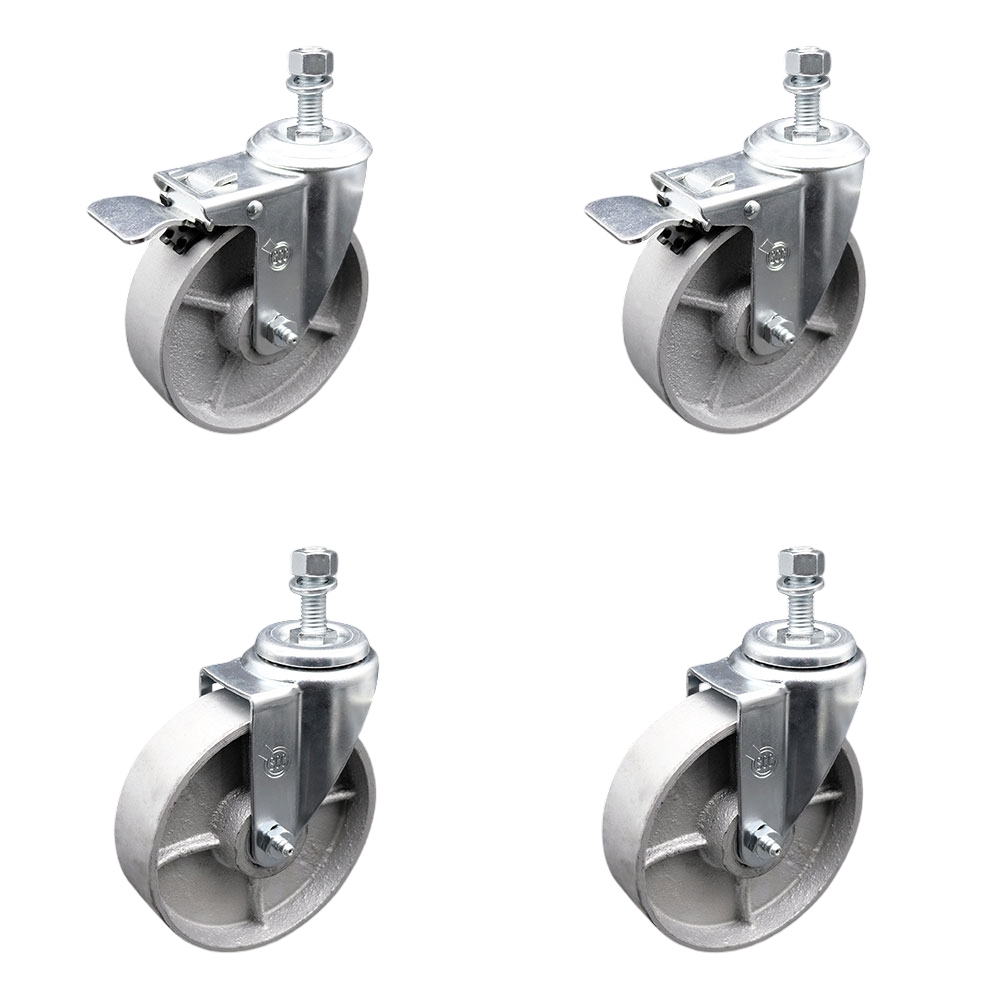 Semi Steel Cast Iron Swivel Threaded Stem Caster with Roller Bearing 5 x 1.5 in. Silver Wheels & 12 mm Stems - Set of 4
