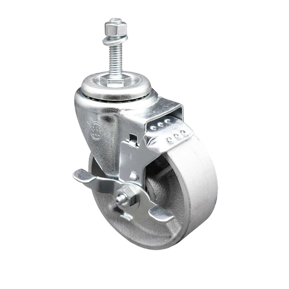 SCC-TS20S414-SSS-TLB-381615 Semi Steel Cast Iron Swivel Threaded Stem Caster with 4 x 1.25 in. Silver Wheel & 0.38 in. Stem & Top Locking Brake
