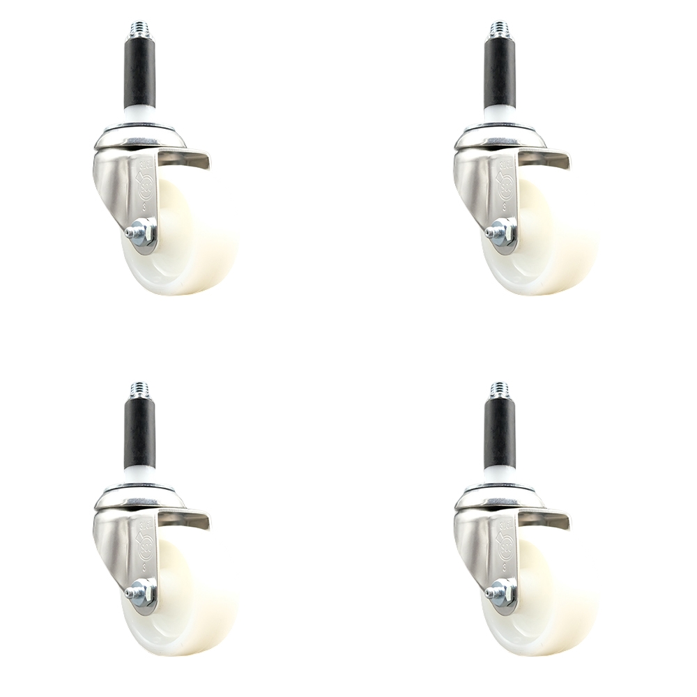 Nylon Swivel Stem Caster with 3 in. White Caster Wheels, 0.75 in. Expanding Stems - 316 Stainless Steel Casters - Set of 4