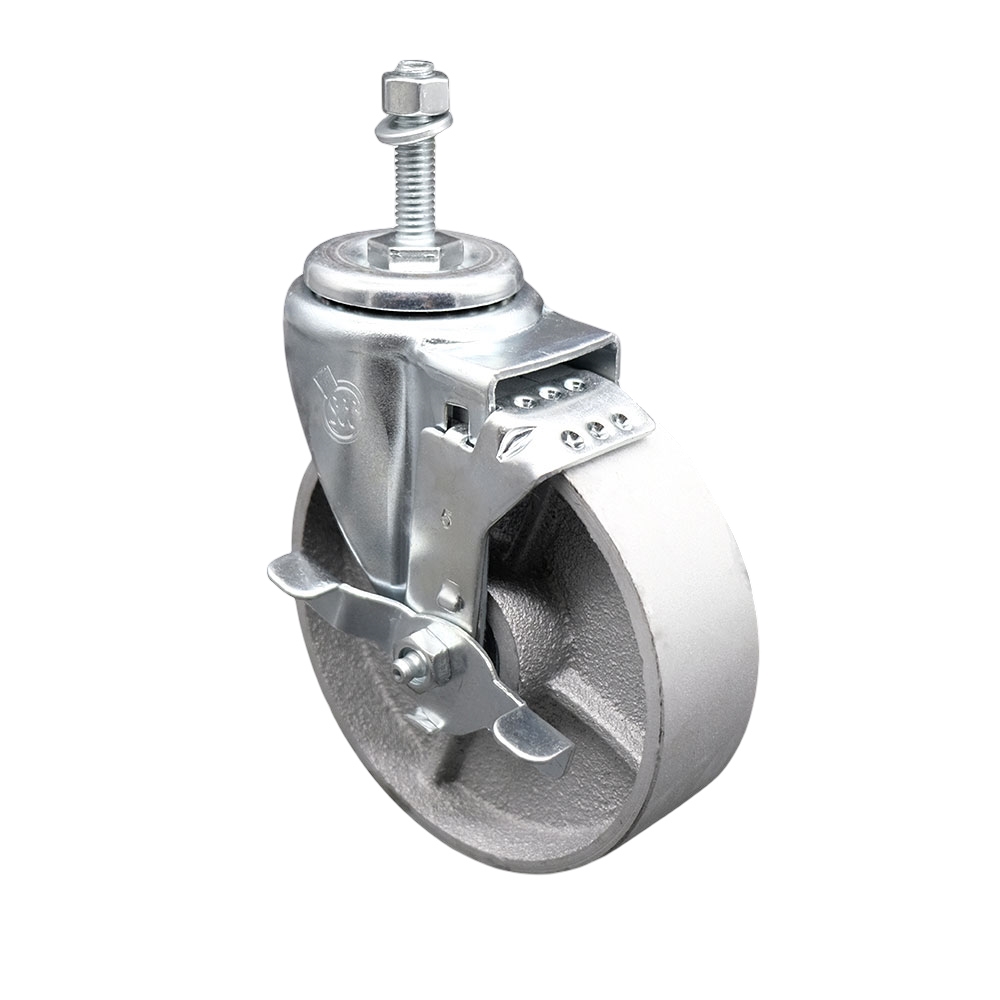 SCC-TS20S514-SSS-TLB-M1015 Semi Steel Cast Iron Swivel Threaded Stem Caster with 5 x 1.25 in. Silver Wheel & 10 mm Stem & Top Locking Brake