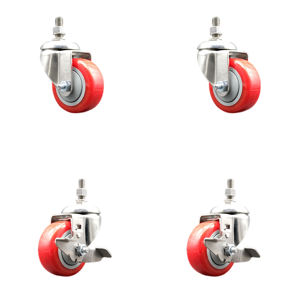 Poly Swivel Stem Caster with 3 in. Red Caster Wheels, 10 mm Threaded Stems - 316 Stainless Steel Casters - Set of 4