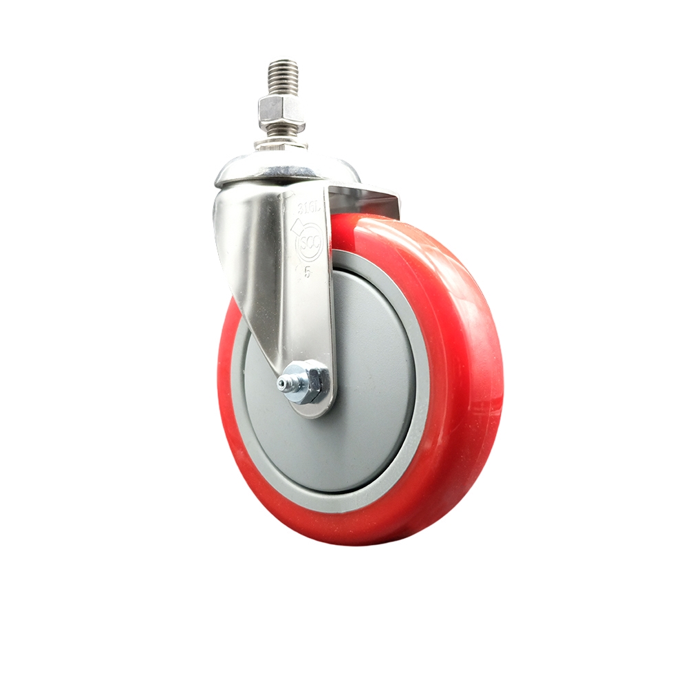 SCC-SS316TS20S514-PPUB-RED-M1015 Polyurethane Swivel Stem Caster with 5 in. Red Caster Wheels, 10 mm Threaded Stem - 316 Stainless Steel Caster