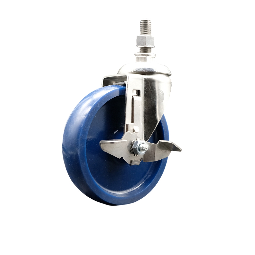 Solid Polyurethane Swivel Stem Caster with 5 in. Blue Caster Wheels & Top Lock Brake, 10 mm Threaded Stem - 316 Stainless Steel Caster