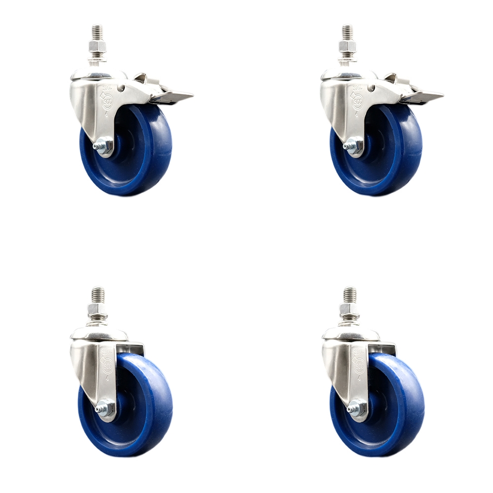 Solid Poly Swivel Stem Caster with 4 in. Caster Wheels, 12 mm Threaded Stems - 316 Stainless Steel Casters - Set of 4