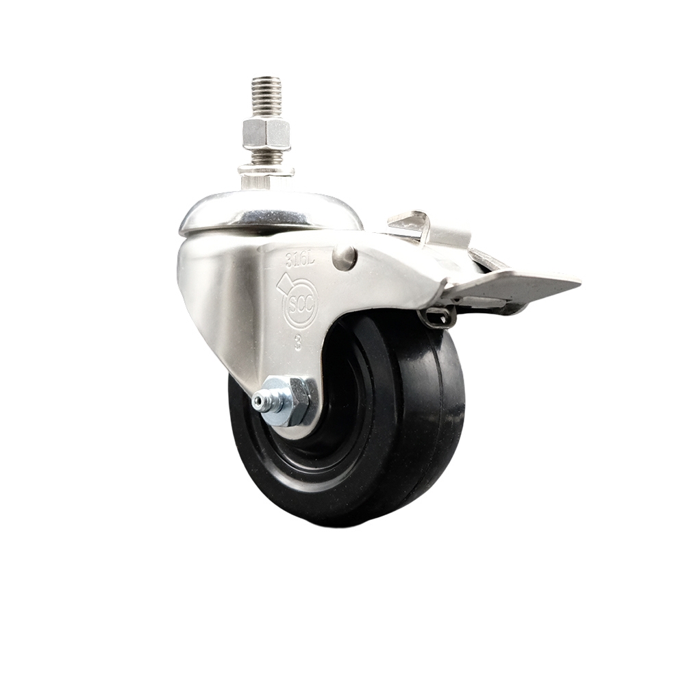 Soft Rubber Swivel Stem Caster with 3.5 in. Black Caster Wheel & Total Lock Brake 0.5 in. Threaded Stem 316 Stainless Steel Caster