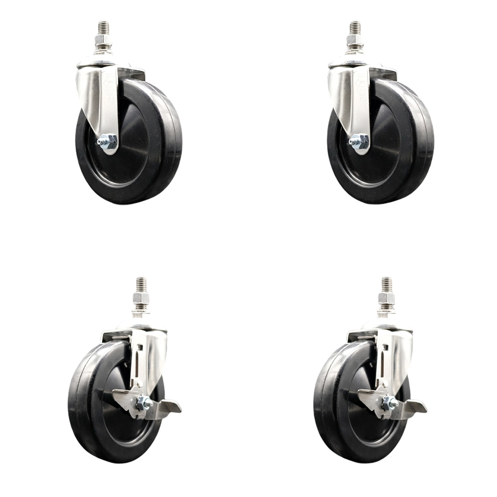 Soft Rubber Swivel Stem Caster with 5 in. Caster Wheels 0.5 in. Threaded Stems 316 Stainless Steel Casters - Set of 4