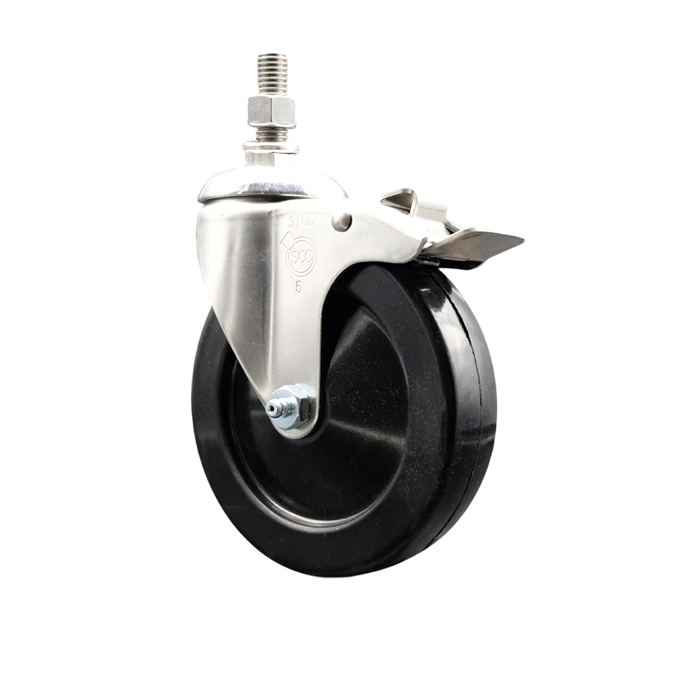 Soft Rubber Swivel Stem Caster with 5 in. Black Caster Wheel & Total Lock Brake 0.38 in. Threaded Stem 316 Stainless Steel Caster