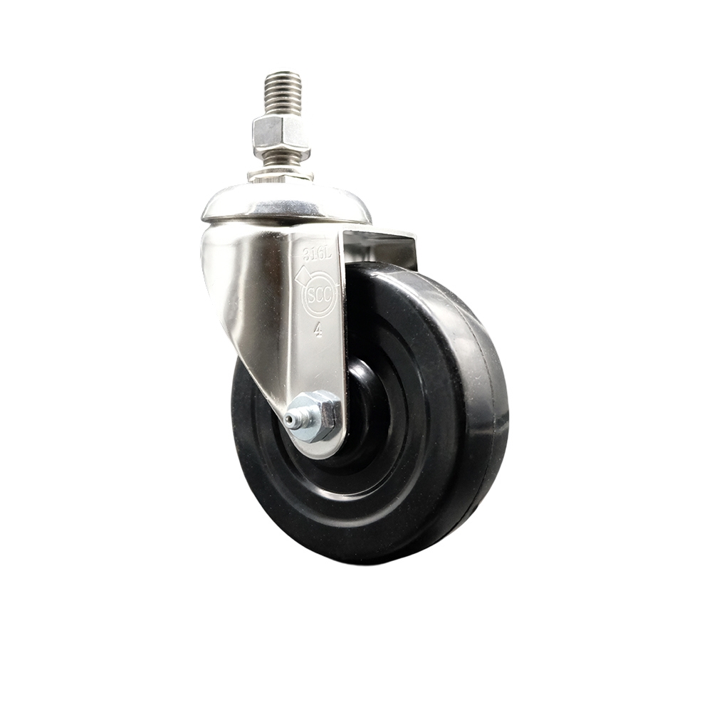 SCC-SS316TS20S414-SRS-M1015 Soft Rubber Swivel Stem Caster with 4 in. Black Caster Wheel 10 mm Threaded Stem 316 Stainless Steel Caster