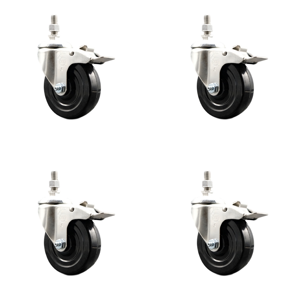 SCC-SS316TSTTL20S414-SRS-M1015-4 Soft Rubber Swivel Stem Caster with 4 in. Caster Wheels 10 mm Threaded Stems 316 Stainless Steel Casters - Set of 4