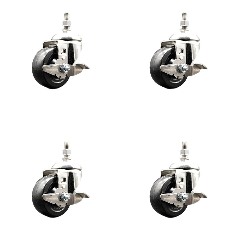 Soft Rubber Swivel Stem Caster with 3.5 in. Caster Wheels 12 mm Threaded Stems 316 Stainless Steel Casters - Set of 4