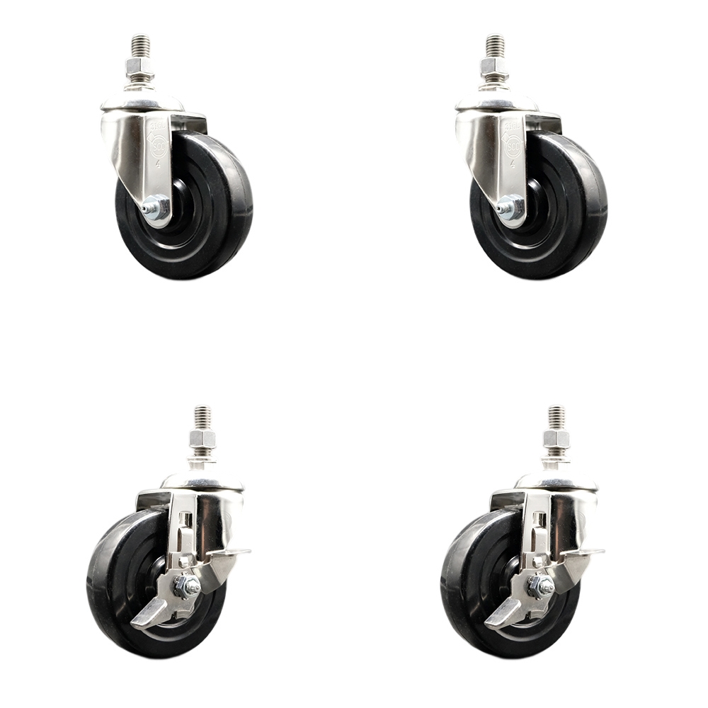 Soft Rubber Swivel Stem Caster with 4 in. Caster Wheels 12 mm Threaded Stems 316 Stainless Steel Casters - Set of 4