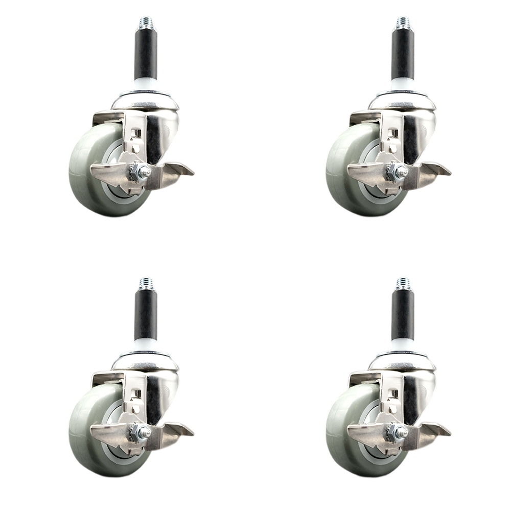 Polyurethane Swivel Stem Caster with 3.5 in. Gray Caster Wheels, 0.75 in. Expanding Stems - 316 Stainless Steel Casters - Set of 4