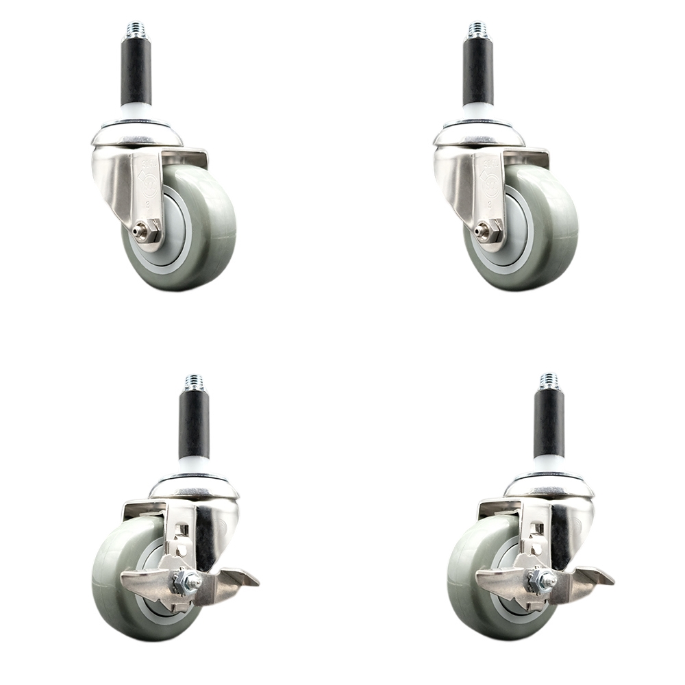 Polyurethane Swivel Stem Caster with 3 in. Gray Caster Wheels, 0.87 in. Expanding Stems - 316 Stainless Steel Casters - Set of 4