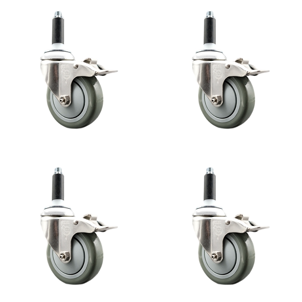 Polyurethane Swivel Stem Caster with 4 in. Gray Caster Wheels, 0.87 in. Expanding Stems - 316 Stainless Steel Casters - Set of 4