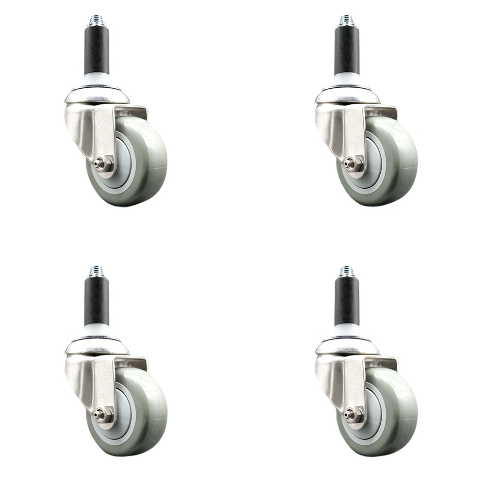 Polyurethane Swivel Stem Caster with 3.5 in. Gray Caster Wheels, 1 in. Expanding Stems - 316 Stainless Steel Casters - Set of 4