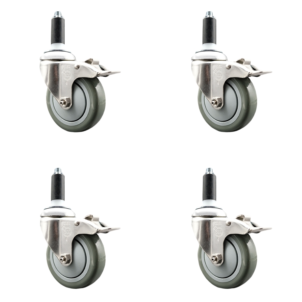 Polyurethane Swivel Stem Caster with 4 in. Gray Caster Wheels, 1 in. Expanding Stems - 316 Stainless Steel Casters - Set of 4