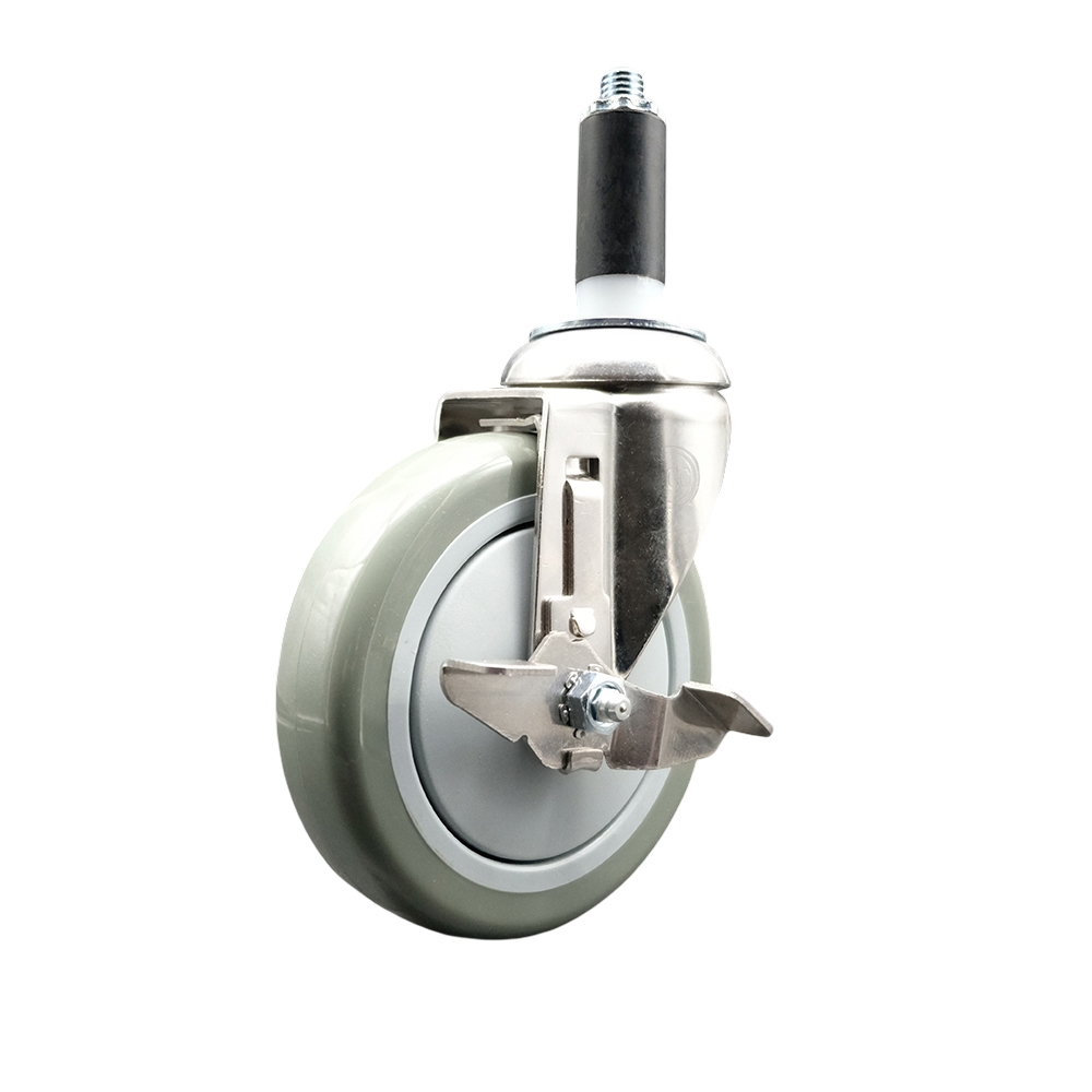 Polyurethane Swivel Stem Caster with 5 in. Gray Caster Wheels & Top Lock Brake, 1 in. Expanding Stem - 316 Stainless Steel Caster