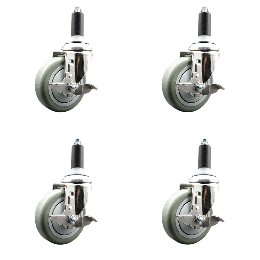 Polyurethane Swivel Stem Caster with 4 in. Gray Caster Wheels, 1.13 in. Expanding Stems - 316 Stainless Steel Casters - Set of 4