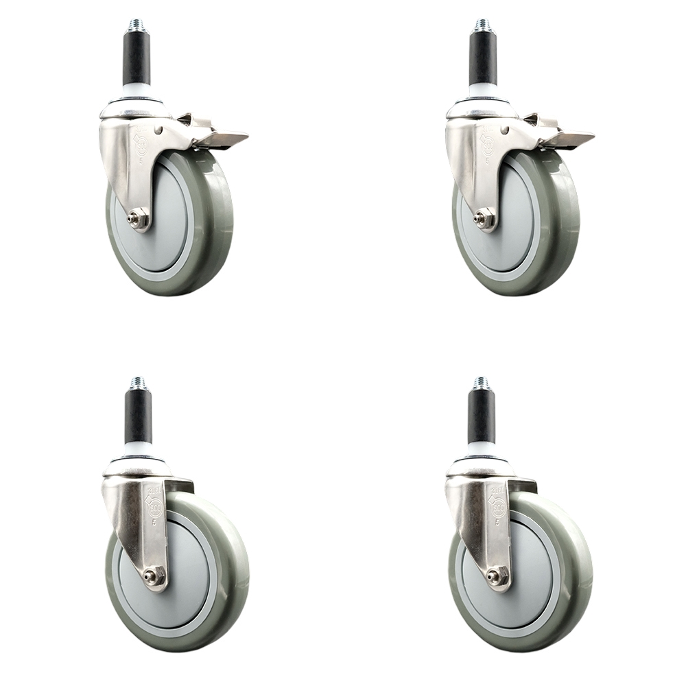 Polyurethane Swivel Stem Caster with 5 in. Gray Caster Wheels, 1.13 in. Expanding Stem - 316 Stainless Steel Casters - Set of 4