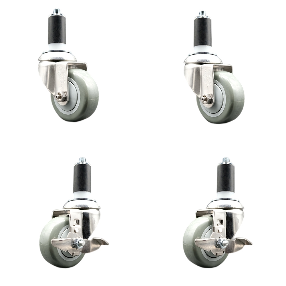 Polyurethane Swivel Stem Caster with 3 in. Gray Caster Wheels, 1.25 in. Expanding Stems - 316 Stainless Steel Casters - Set of 4