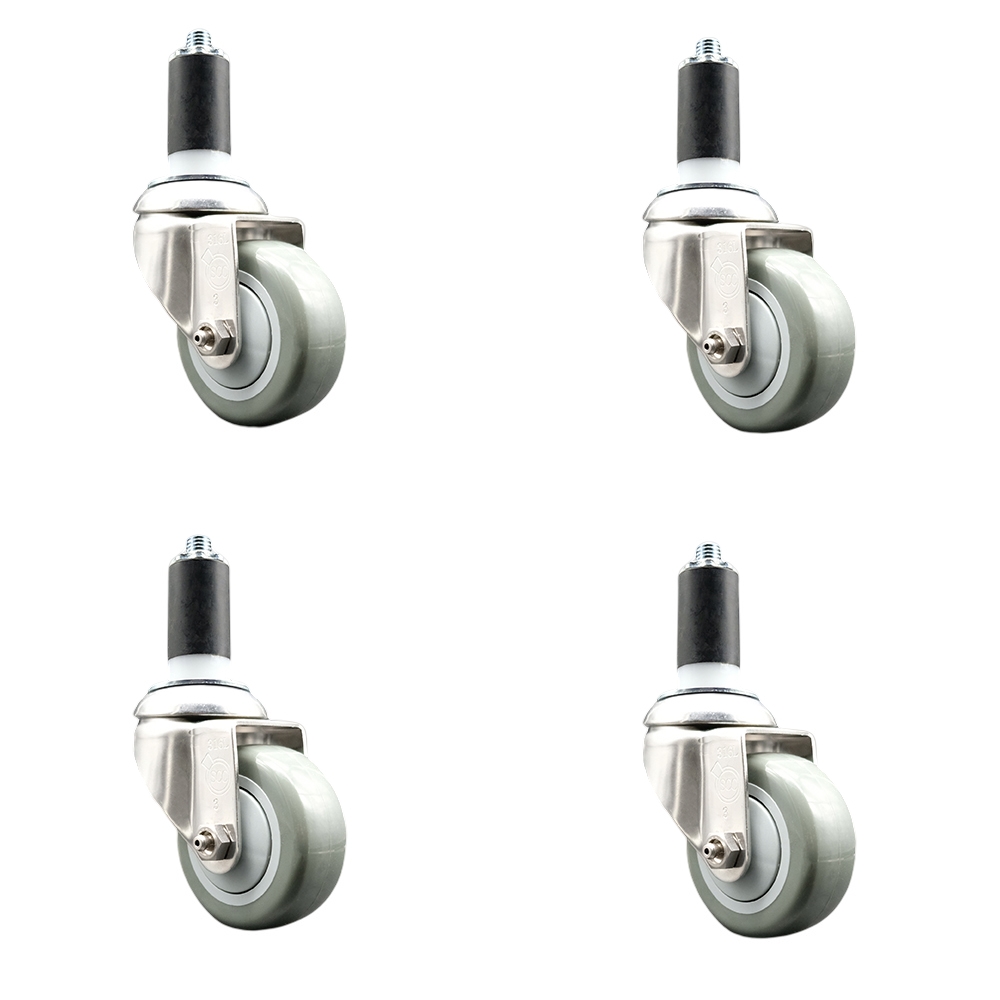 Polyurethane Swivel Stem Caster with 3.5 in. Gray Caster Wheels, 1.25 in. Expanding Stems - 316 Stainless Steel Casters - Set of 4