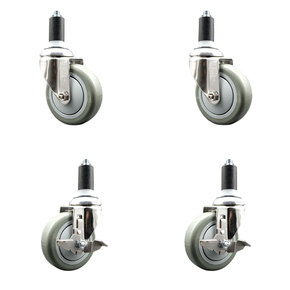 Polyurethane Swivel Stem Caster with 4 in. Gray Caster Wheels, 1.25 in. Expanding Stems - 316 Stainless Steel Casters - Set of 4