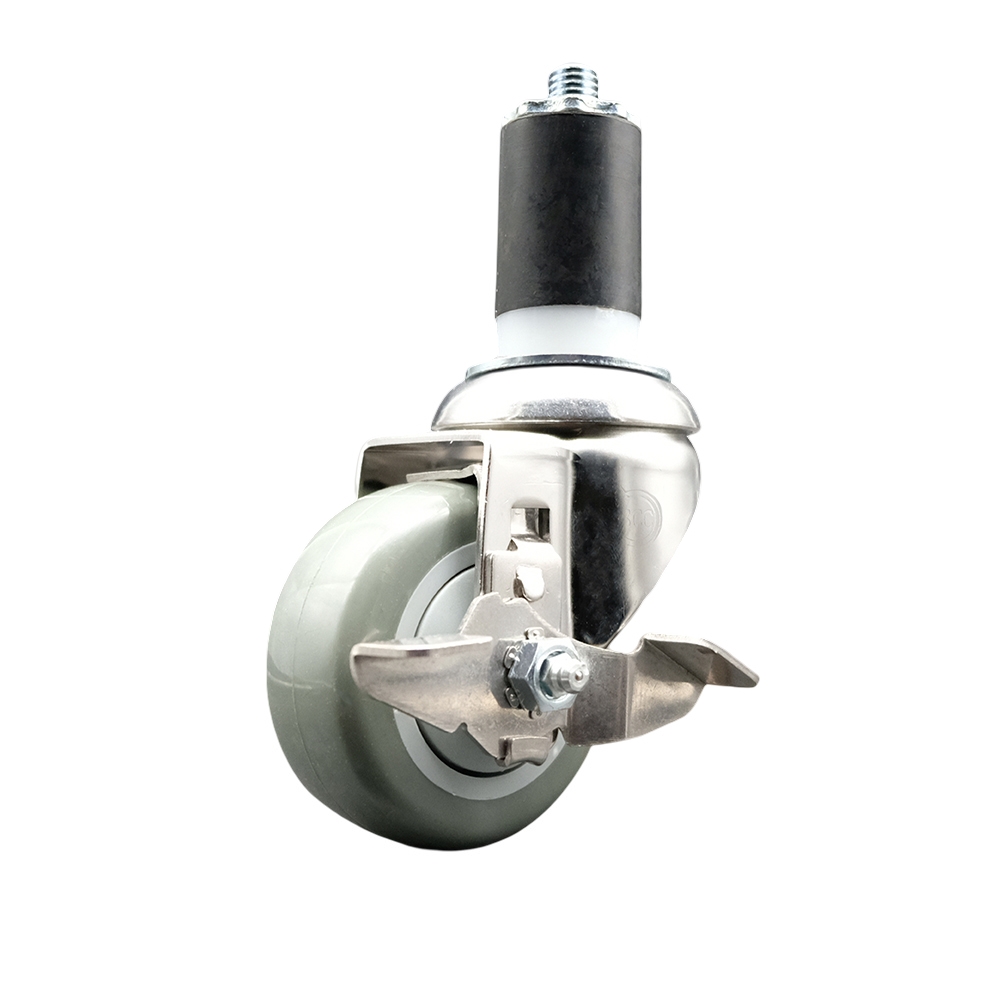 Polyurethane Swivel Stem Caster with 3 in. Gray Caster Wheels & Top Lock Brake, 1.63 in. Expanding Stem - 316 Stainless Steel Caster
