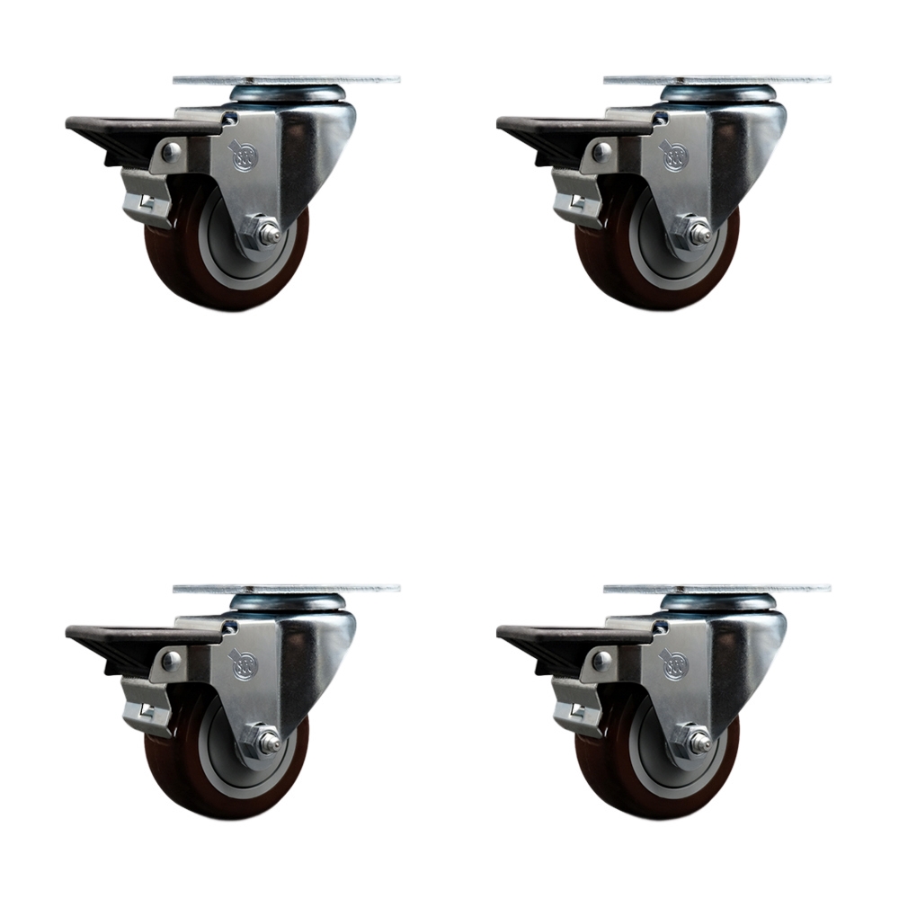 SCC-20S314-PPUB-MRN-PLB-4 Polyurethane Swivel Top Plate Caster with 3 in. Maroon Wheels - Set of 4