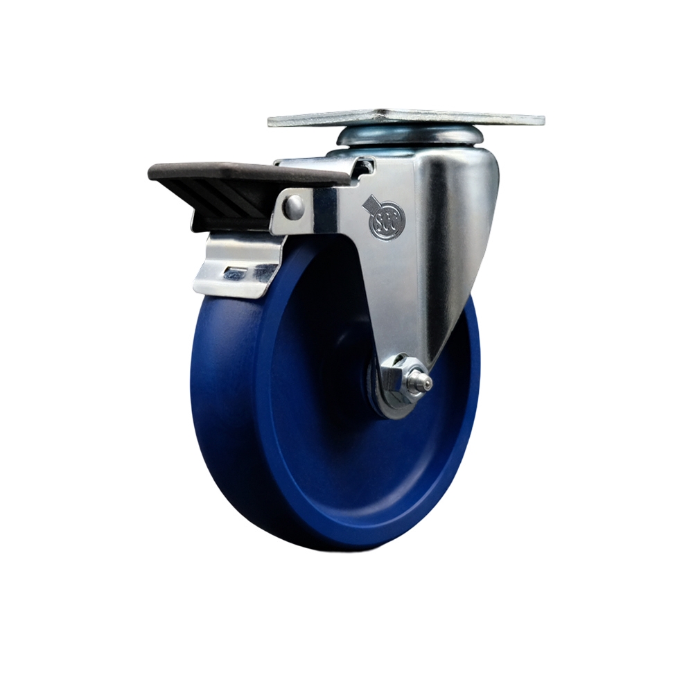 SCC-20S514-SPUS-PLB Solid Polyurethane Swivel Top Plate Swivel Caster with 5 in. Blue Wheel & Posi Locking Brake