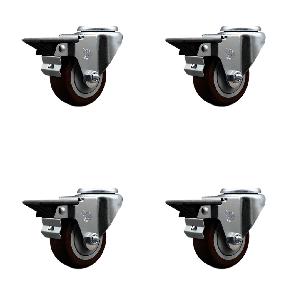 SCC-BH20S314-PPUB-MRN-PLB-4 Polyurethane Swivel Bolt Hole Caster with 3 x 1.25 in. Maroon Wheels - Set of 4