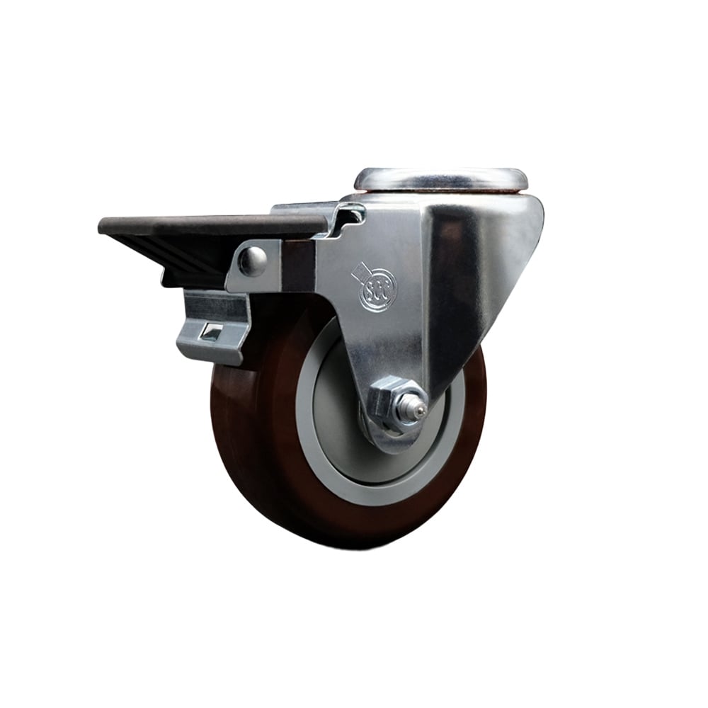 SCC-BH20S3514-PPUB-MRN-PLB Polyurethane Swivel Bolt Hole Caster with 3.5 x 1.25 in. Maroon Wheel & Posi Locking Brake
