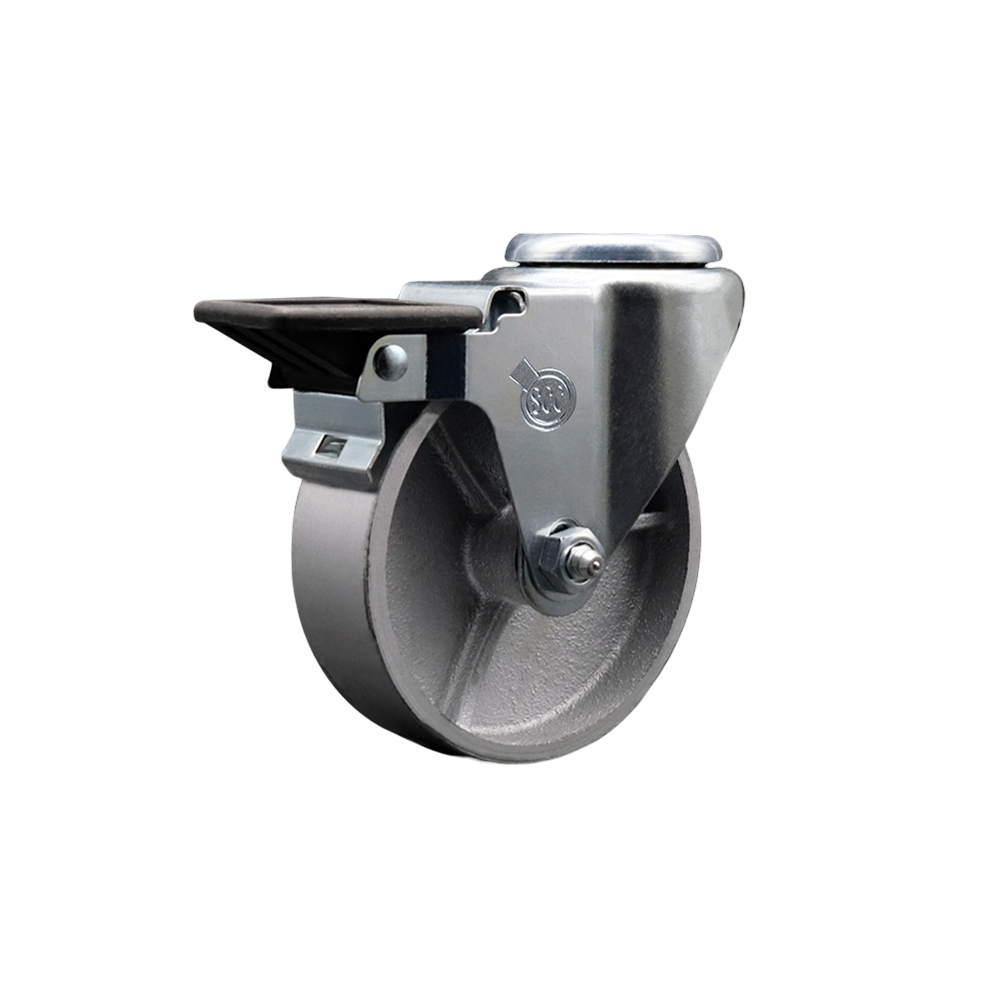 SCC-BH20S415-SSR-PLB Semi Steel Cast Iron Swivel Bolt Hole Caster with Roller Bearing - 4 x 1.5 in. Silver Wheel & Posi Locking Brake
