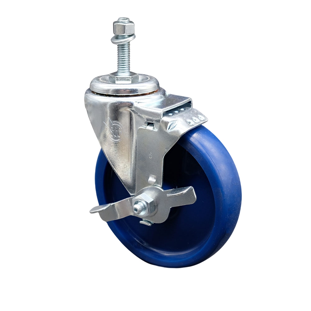 Stainless Steel Solid Polyurethane Swivel Threaded Stem Caster with 5 x 1.25 in. Blue Wheel & 0.38 in. Stem & Top Locking Brake