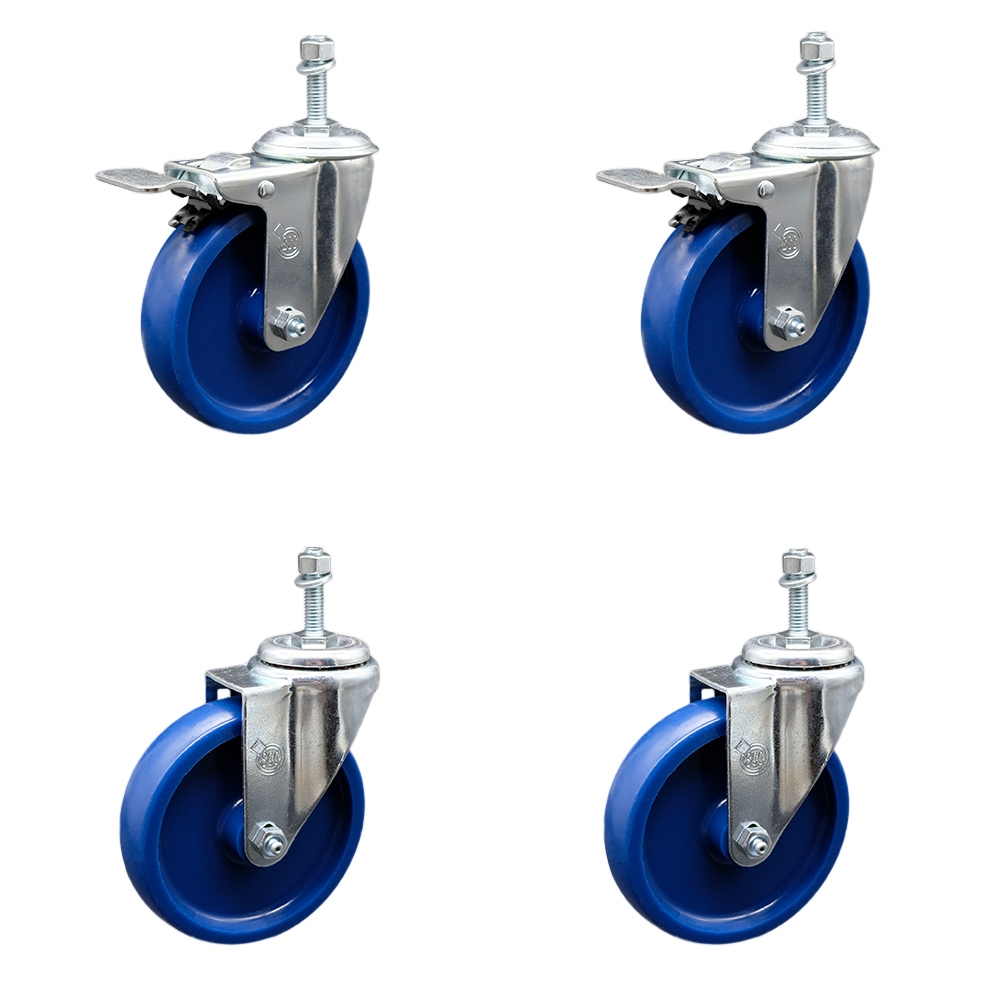 Stainless Steel Solid Polyurethane Swivel Threaded Stem Caster with 5 x 1.25 in. Blue Wheels & 0.38 in. Stems - Set of 4