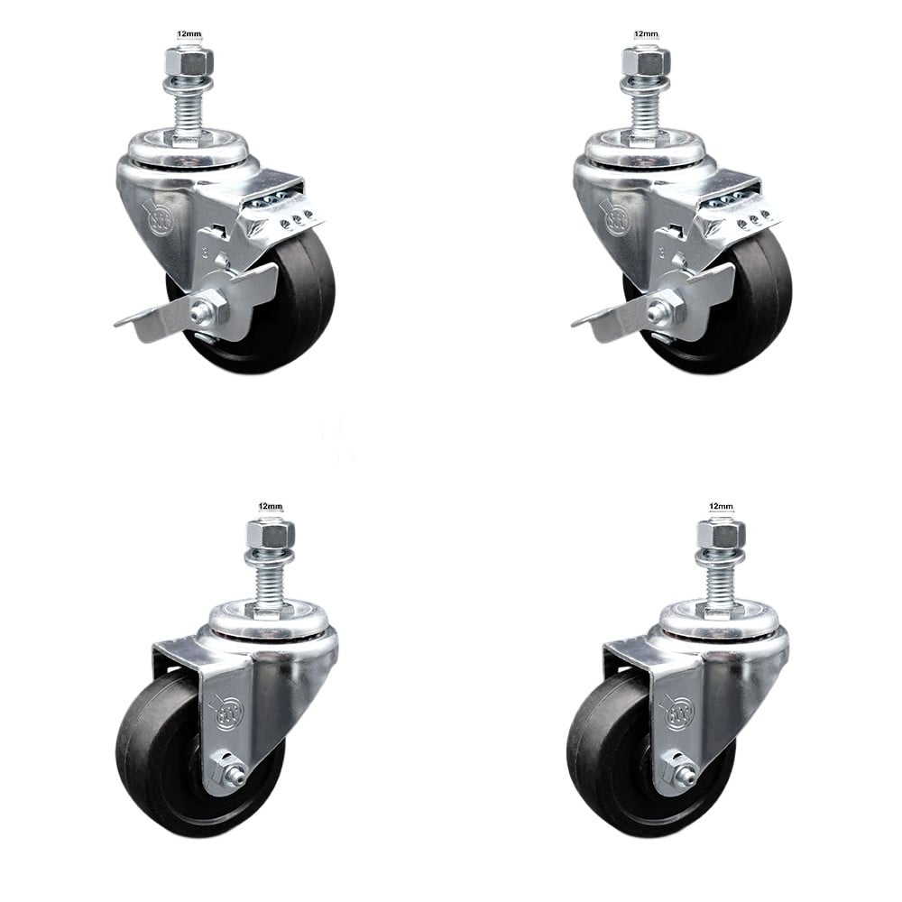 SCC-TS20S314-SRS-M1215-2-TLB-2 Soft Rubber Swivel Threaded Stem Caster with 3 x 1.25 in. Black Wheels & 12 mm Stems - Set of 4