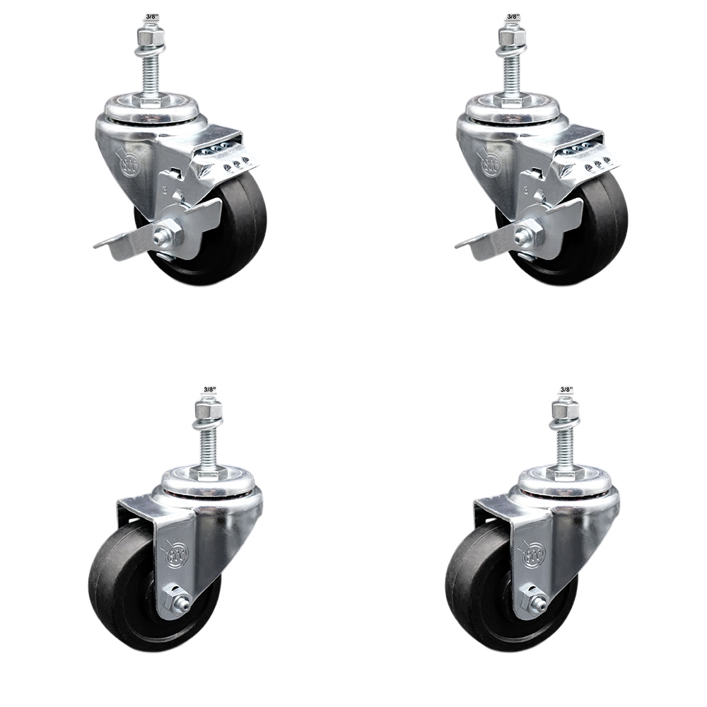 Stainless Steel Soft Rubber Swivel Threaded Stem Caster with 3.5 x 1.25 in. Black Wheels & 0.38 in. Stems - Set of 4