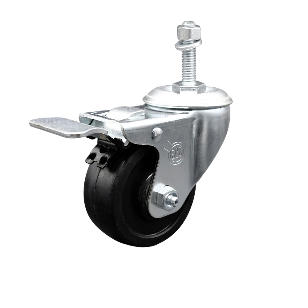 Stainless Steel Soft Rubber Swivel Threaded Stem Caster with 3.5 x 1.25 in. Black Wheel & 10 mm Stem & Total Locking Brake