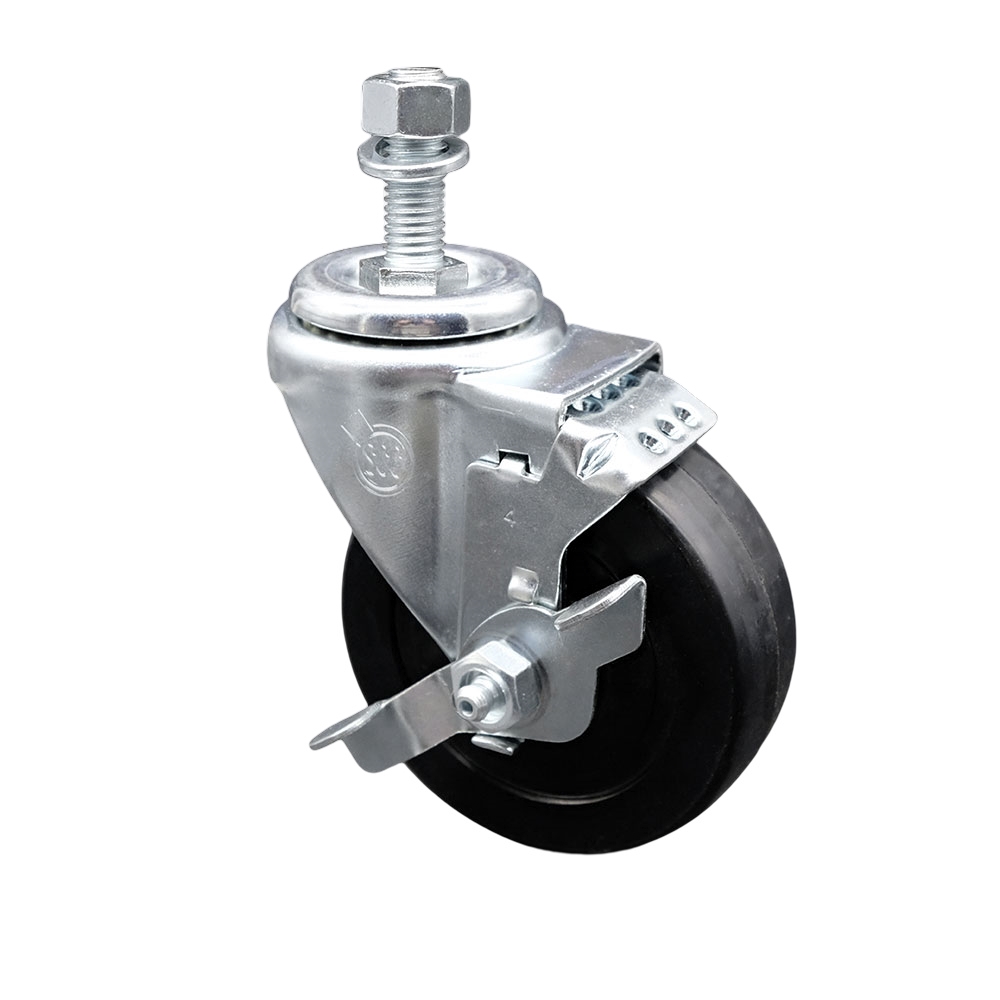 SCC-SSTS20S414-SRS-TLB-M1215 Stainless Steel Soft Rubber Swivel Threaded Stem Caster with 4 x 1.25 in. Black Wheel & 12 mm Stem & Top Locking Brake